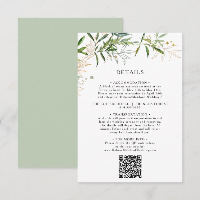 Eleganter Olivenbaum Details QR Code Begleitkarte (Vorne/Hinten)