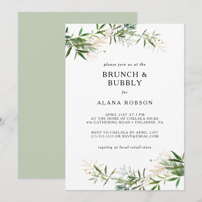 Eleganter Olivenhain Brunch und Dusche in Braun Einladung (Vorne/Hinten)