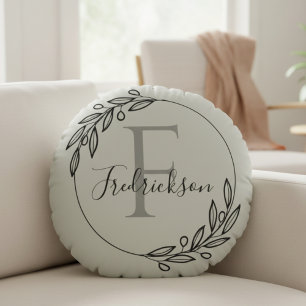 Eleganter Olivenzweig-Monogramm-Schrift Familienna Rundes Kissen