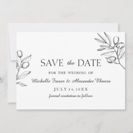 Eleganter Olivenzweig. Schwarz-Weiß-Hochzeit Save The Date