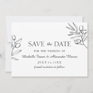 Eleganter Olivenzweig. Schwarz-Weiß-Hochzeit Save The Date