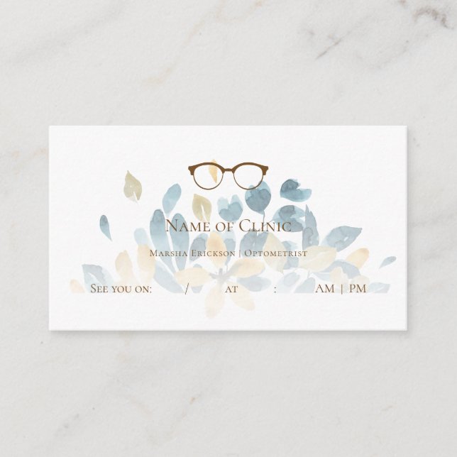 Eleganter Optometriker Blumenbrille Ernennung Terminkarte (Vorderseite)