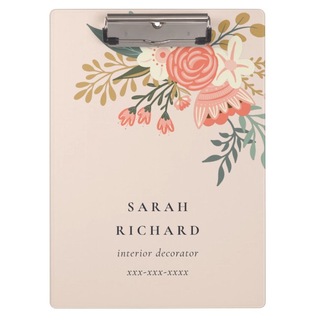 Eleganter Orange Blush Peach Green Ambrosia Floral Klemmbrett (Vorderseite)