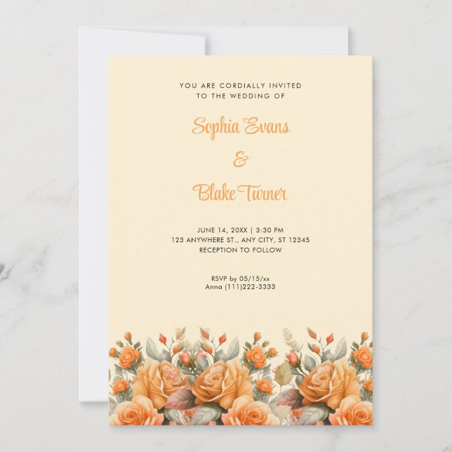Eleganter Orange Rose Garden Yellow Wedding Einladung (Vorderseite)