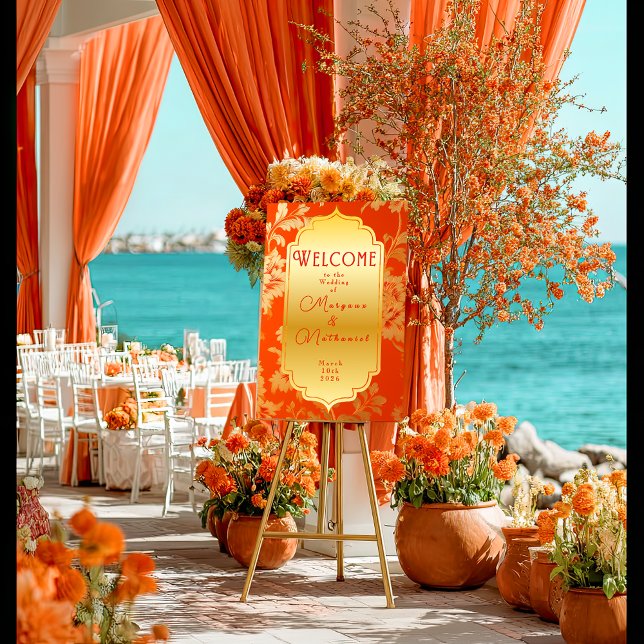 Eleganter Orange und Gold Mandarin Wedding Willkom Poster (Elegant Floral Orange and Gold Glossy Wedding Welcome Poster )