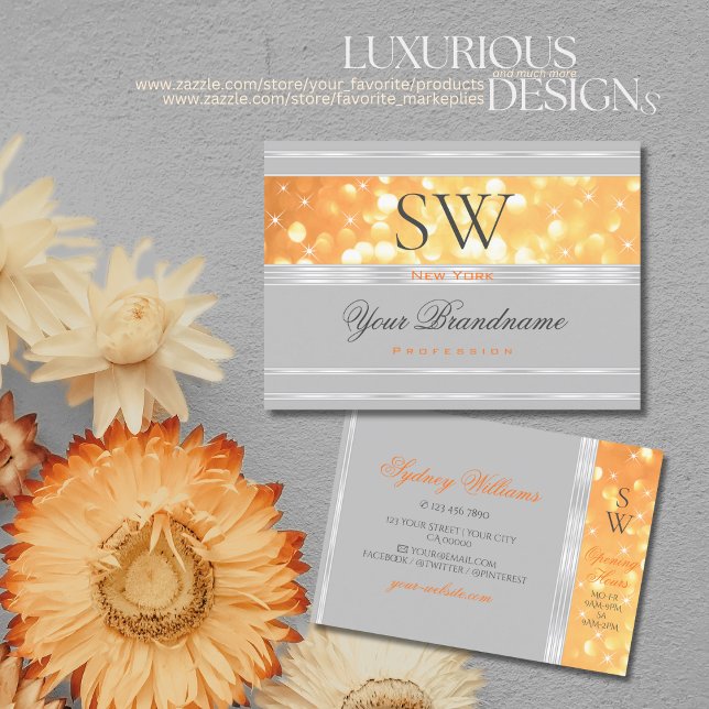 Eleganter orangefarbener Glitzer Monogram, Grau-Si Visitenkarte (Von Creator hochgeladen)