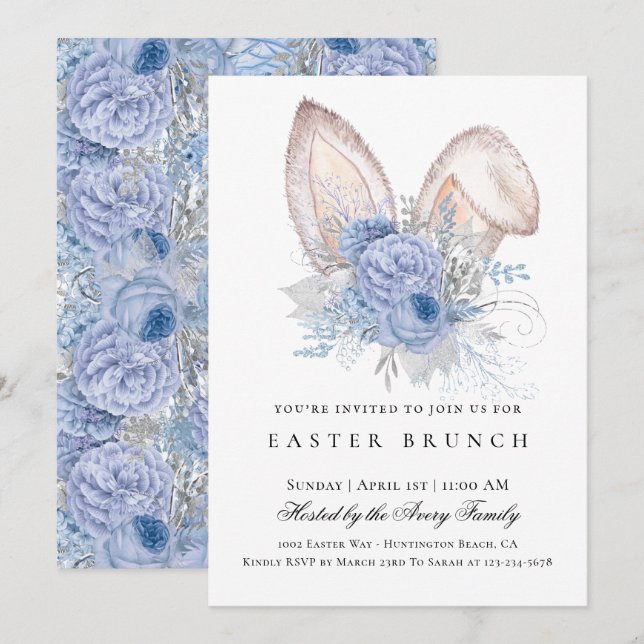 Eleganter Osterbrunch Blumenblau Einladung (Vorne/Hinten)