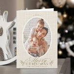 Eleganter Oval Rahmen Frohe Weihnachts-Foto geklap Feiertagskarte<br><div class="desc">Minimale Urlaubskarte mit einem "Frohen Weihnachtsskript" mit Pinecone-Zweigen auf einem Imitat Leinwand-Hintergrund. Für eine weiter gehende Anpassung dieses Designs klicken Sie bitte auf die Schaltfläche "DESIGN TOOL" oben!</div>