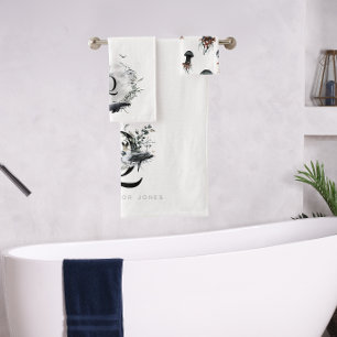 Eleganter Ozean Watercolor Whale Monogram Badhandtuch Set