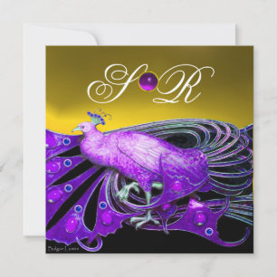 ELEGANTER PAKOCK IM LILA, GELBEN WEDING MONOGRAM EINLADUNG