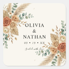 Eleganter Pampas Boho Blumen Hochzeit Quadratische Quadratischer Aufkleber