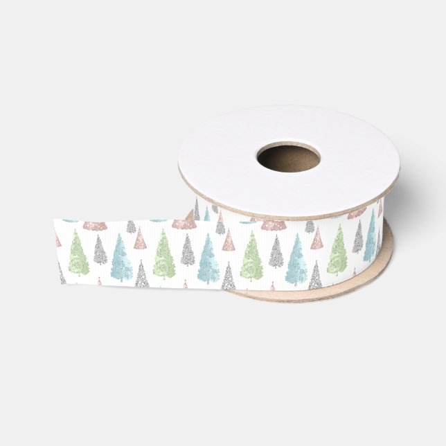 Eleganter Pastel Glitzer Bäume Weihnachtskorn Ripsband (Spule)