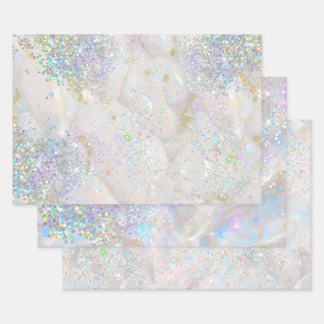 Eleganter Pastel Opal Holographic Glitzer Geschenkpapier Set (Set)