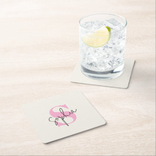 Eleganter Pastell-Monogramm-Papier-Getränkeunterse Rechteckiger Pappuntersetzer
