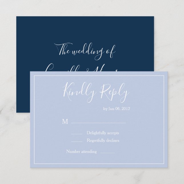 Eleganter pastellblau, modern weiß Hochzeit rsvp Einladung (Vorne/Hinten)