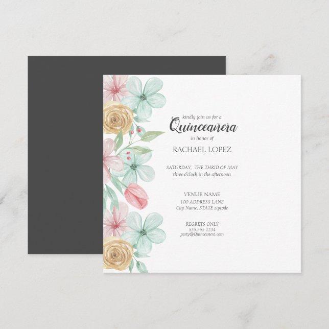 Eleganter Pastellblumen| Goldrahmen Quinceanera Einladung (Vorne/Hinten)