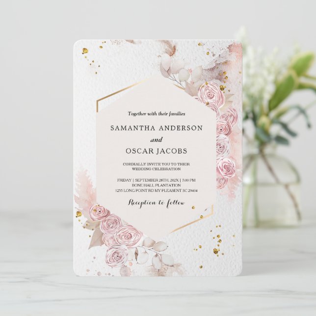 Eleganter Pastellrosa Blumenrahmen Extravagant Einladung (Stehend Vorderseite)