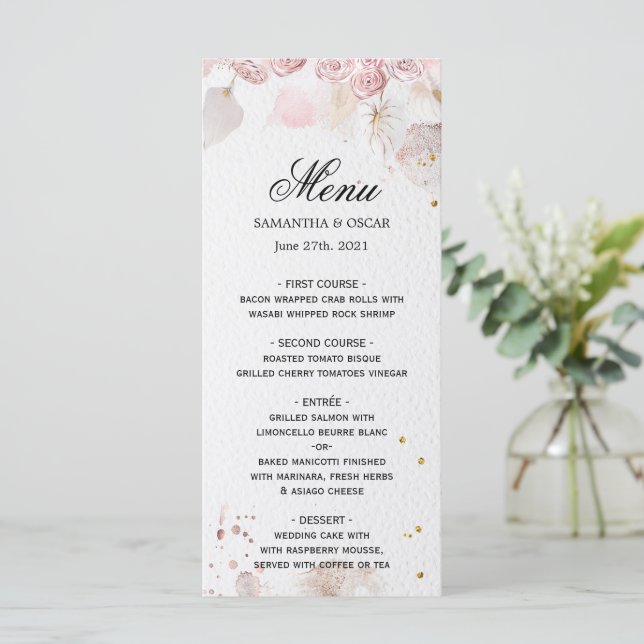Eleganter Pastellrosa Blumenrahmen Extravagant Menükarte (Stehend Vorderseite)
