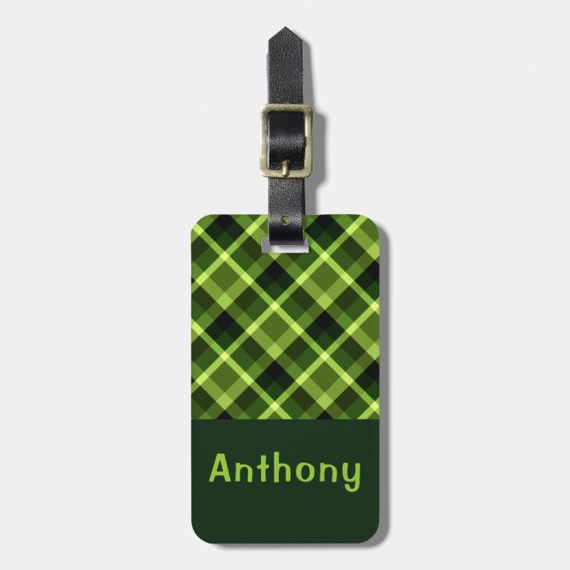 Eleganter Pea Green Kariert Monogram Gepäckanhänge Gepäckanhänger (Vorderseite vertikal)
