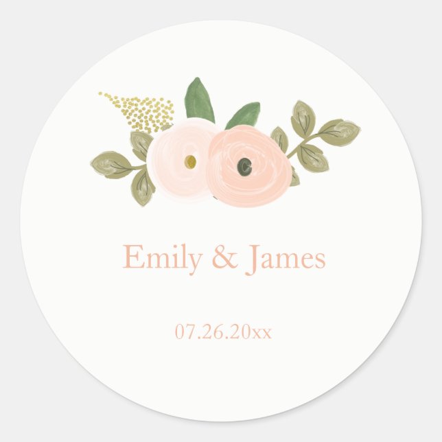 Eleganter Peach Floral Watercolor Hochzeitsticker Runder Aufkleber (Vorderseite)