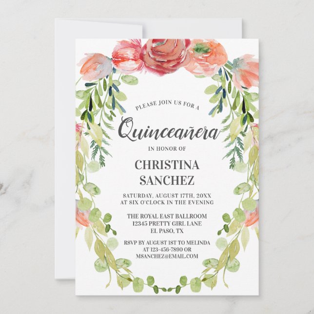 Eleganter Peach Garden Floral Quinceañera Geburtst Einladung (Vorderseite)