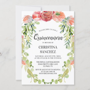 Eleganter Peach Garden Floral Quinceañera Geburtst Einladung