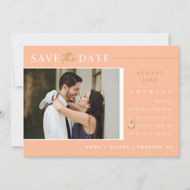 Eleganter Peach Gold Save the Date Kalender QR Cod Einladung (Vorderseite)