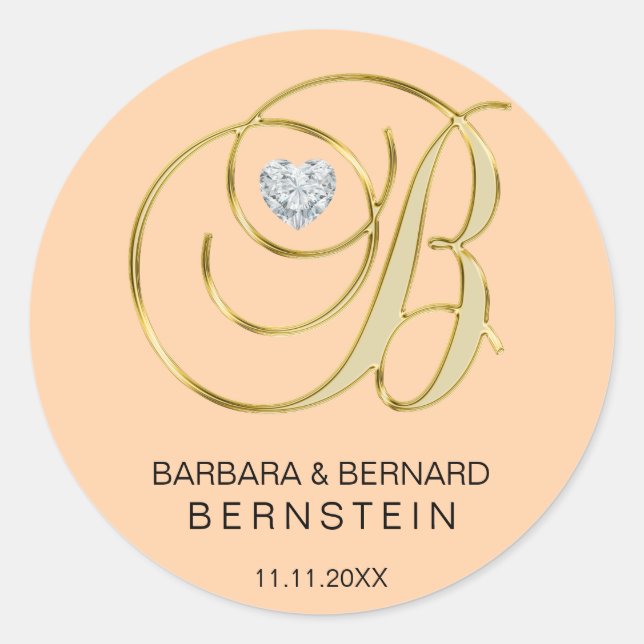 Eleganter Peach Mit Monogramm Letter B Herz Diamon Runder Aufkleber (Vorderseite)