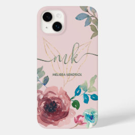 Eleganter Peach Pink Botanische Rose Monogramm Nam Case-Mate iPhone 14 Plus Hülle