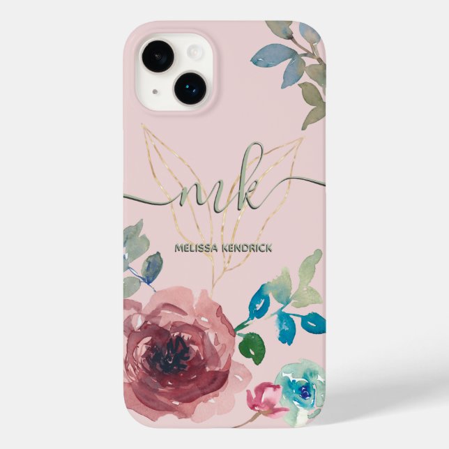 Eleganter Peach Pink Botanische Rose Monogramm Nam Case-Mate iPhone 14 Plus Hülle (Rückseite)