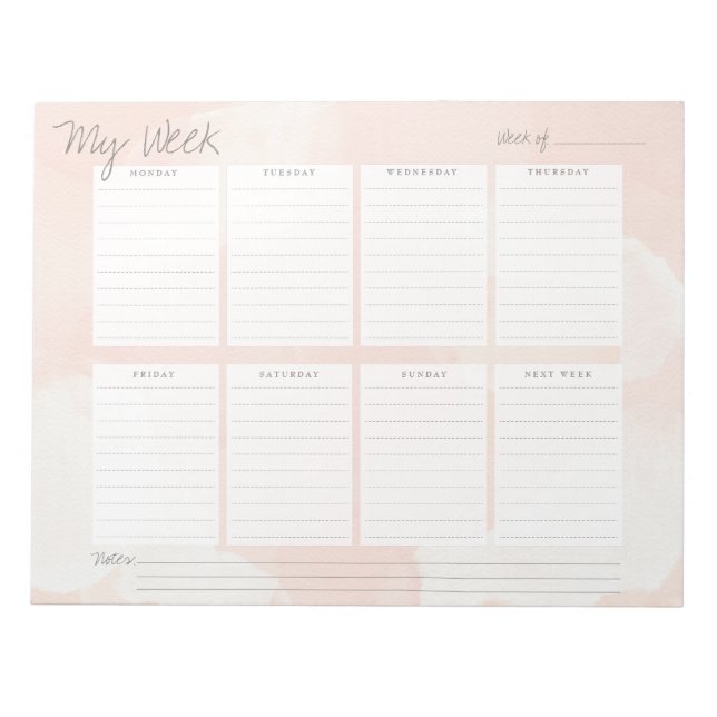 Eleganter Peach Pink Watercolor Week Planer Notizblock (Vorderseite)
