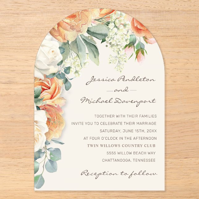 Eleganter Peach White Floral Eukalyptus Wedding Ar Acryleinladungen (Vorderseite)