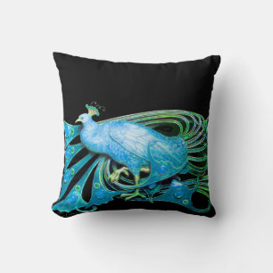 ELEGANTER PEACOCK IN AQUE BLAU Aquamarin Black Kissen