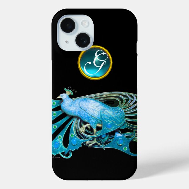 ELEGANTER PEACOCK IN BLAU, AQUAMARINMONOGRAMM iPhone 15 HÜLLE (Rückseite)