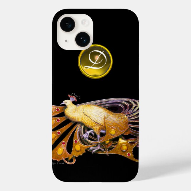 ELEGANTER PEACOCK IN GELB, TOPAZ-MONOGRAMM, schwar Case-Mate iPhone Hülle (Rückseite)