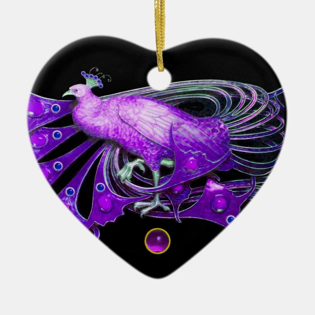 ELEGANTER PEACOCK IN LILA AMETHYSTHERZ KERAMIKORNAMENT (Vorne)