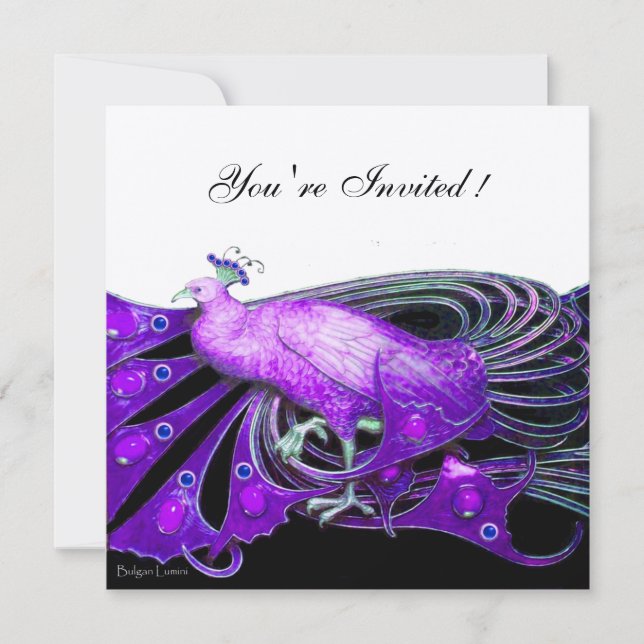 ELEGANTER PEACOCK IN LILA, SCHWARZEN Metallic Einladung (Vorderseite)