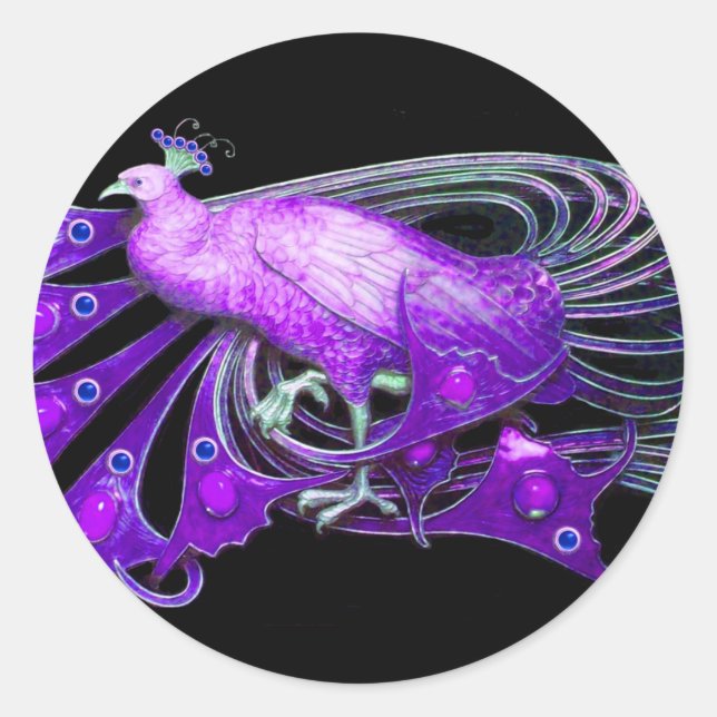 ELEGANTER PEACOCK IN LILA VIOLETTE, SCHWARZ RUNDER AUFKLEBER (Vorderseite)