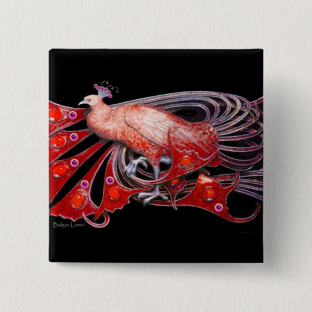 ELEGANTER PEACOCK IN ROT, SCHWARZ BUTTON (Vorderseite)