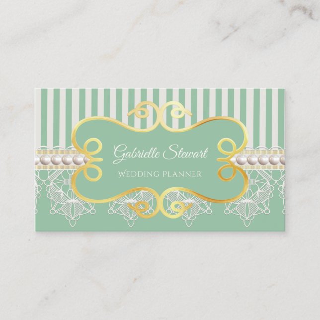 Eleganter Pearl and Lace Soft Green Wedding Planne Visitenkarte (Vorderseite)