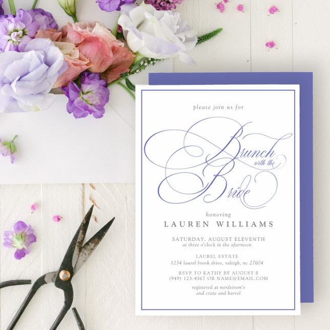 Eleganter Periwinkle Calligrafy Brunch mit Bride Einladung (Von Creator hochgeladen)