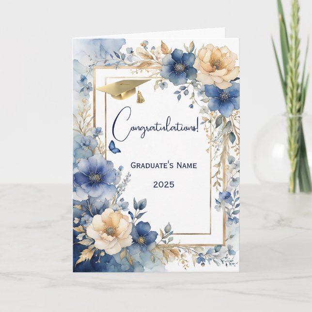 Eleganter Personalisierter Abschluss Blue Cream Karte (Vorderseite)