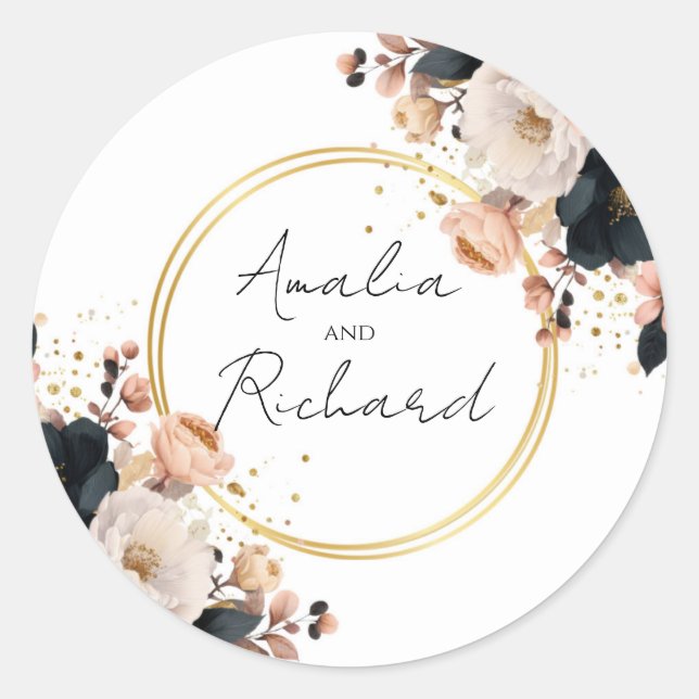 Eleganter personalisierter Hochzeitsaufkleber mit  Runder Aufkleber (Vorderseite)