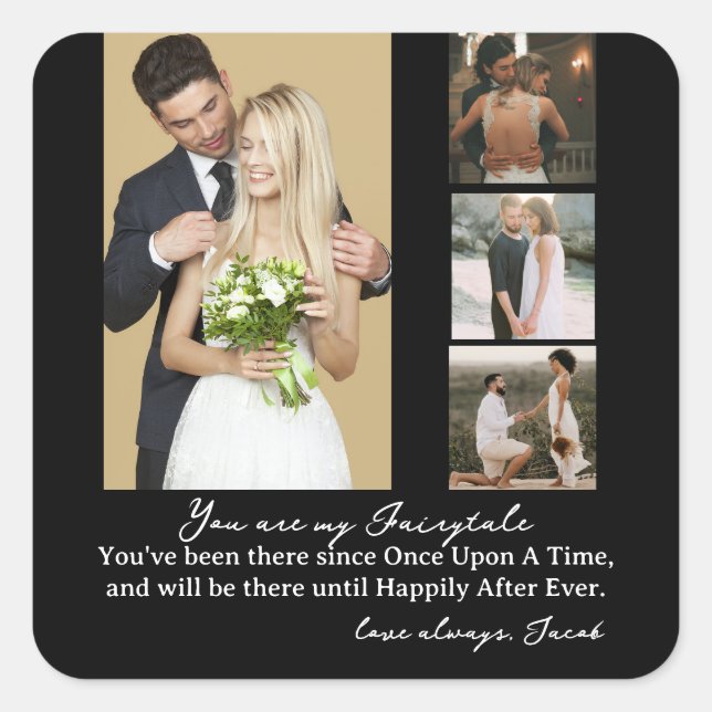Eleganter Personalisierter Hochzeitstag FotoCollag Quadratischer Aufkleber (Vorderseite)