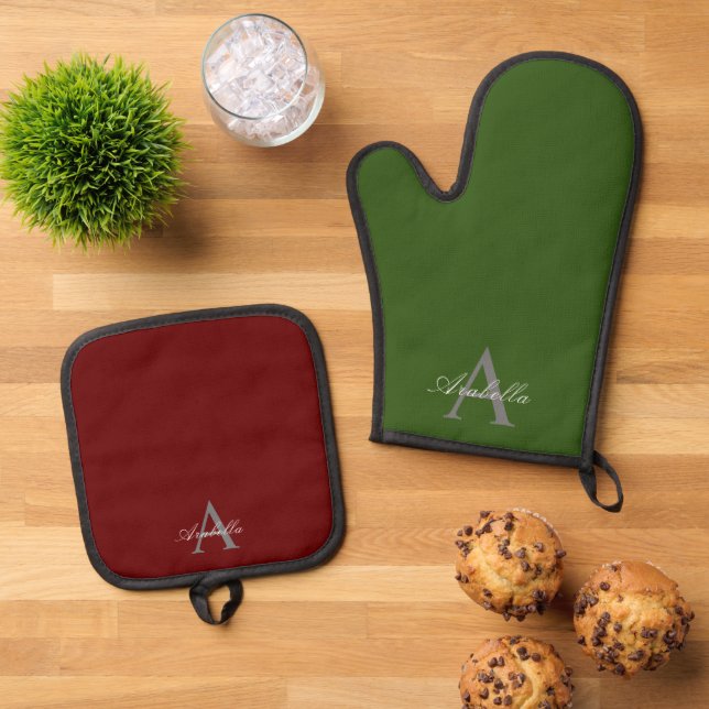 Eleganter Personalisierter Monogrammname Ofenhandschuh & Topflappen-Set (Oben Unten)