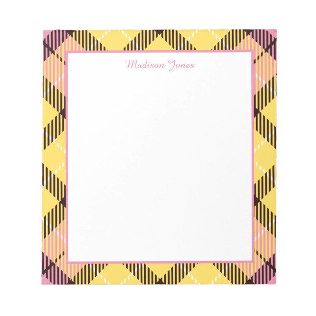 Eleganter Personalisierter Name Gelb Rosa Tartan R Notizblock (Vorderseite)