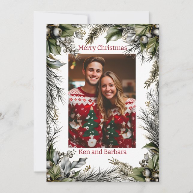 Eleganter Personalisierter Weihnachtskranz Feiertagskarte (Vorderseite)