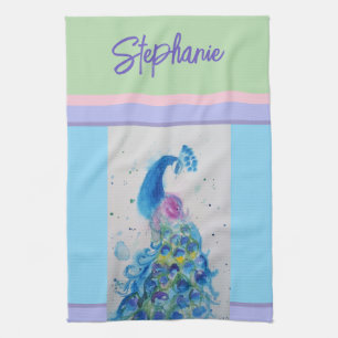 Eleganter Pfau-Aquarell Damen Pastellfarben Geschirrtuch
