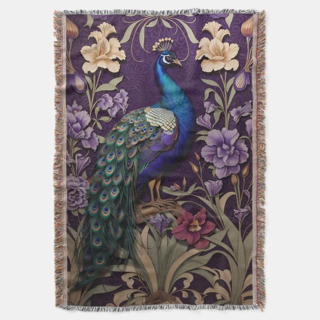 Eleganter Pfau Auf Lila William Morris Inspiriert Decke (Vorderseite Vertikal)