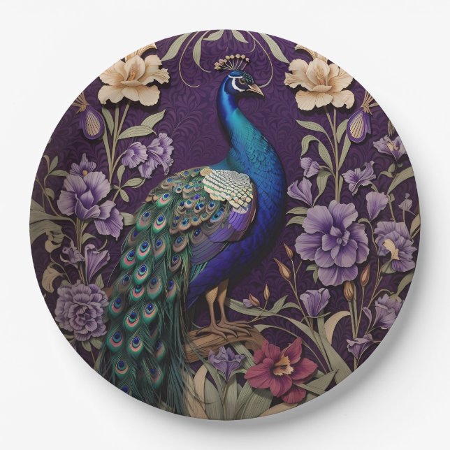 Eleganter Pfau Auf Lila William Morris Inspiriert Pappteller (Vorderseite)